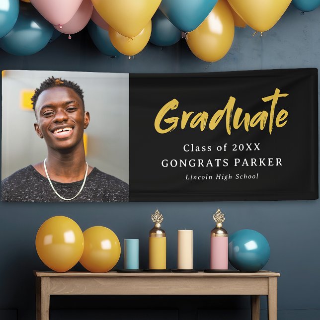 Black & Gold Modern Brush Script Photo Graduation Banner (Black & Gold Modern Brush Script Photo Graduation Banner)