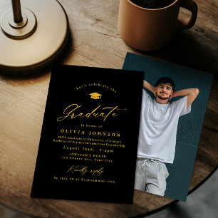 Black Gold Modern Calligraphy Photo Graduation Invitation