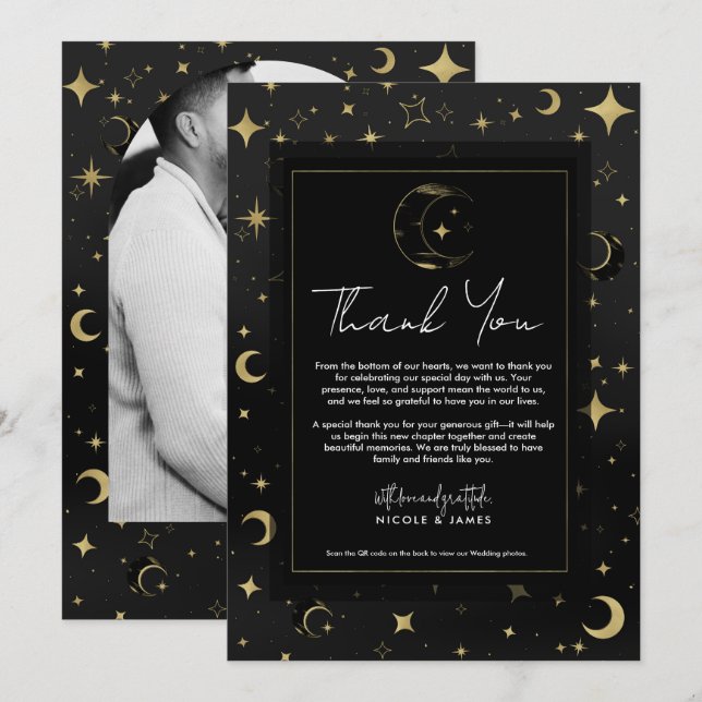 Black & Gold Modern Celestial Moon Stars Thank You Invitation (Front/Back)