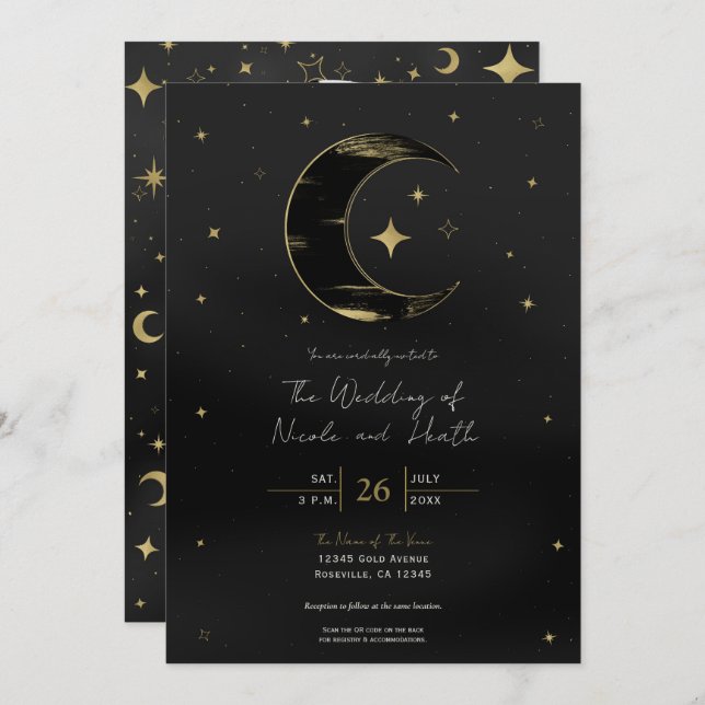 Black & Gold Modern Celestial Moon Stars Wedding Invitation (Front/Back)