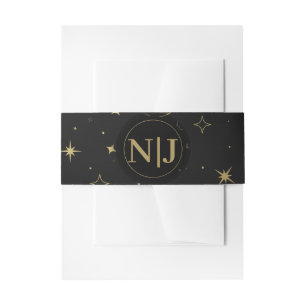 Black & Gold Modern Celestial Moon Stars Wedding Invitation Belly Band