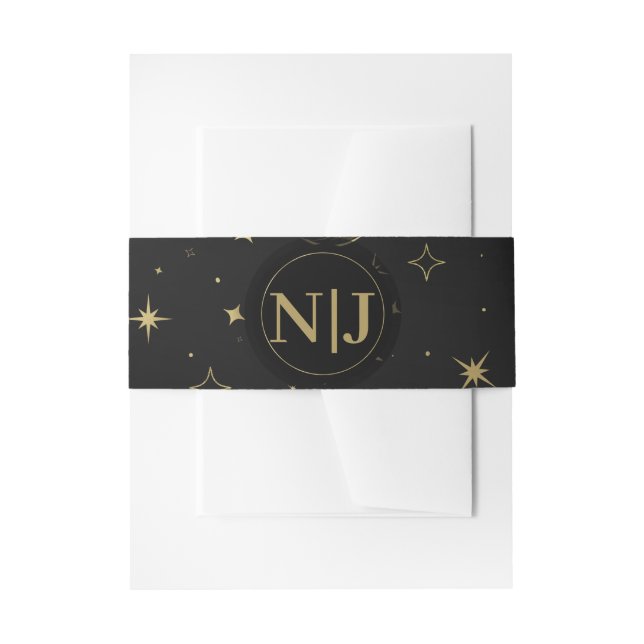 Black & Gold Modern Celestial Moon Stars Wedding Invitation Belly Band (Front Example)