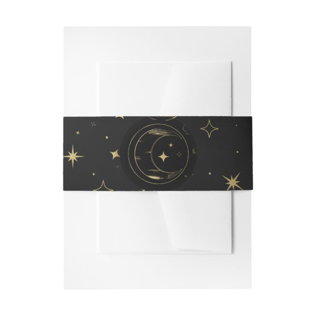Black & Gold Modern Celestial Moon Stars Wedding Invitation Belly Band (Front Example)