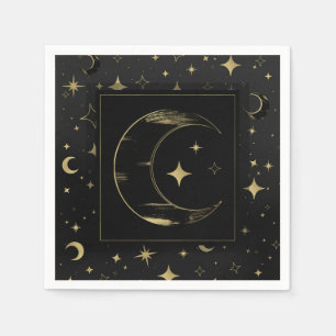 Black & Gold Modern Celestial Moon Stars Wedding Napkin