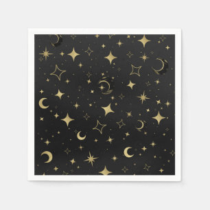 Black & Gold Modern Celestial Moon Stars Wedding Napkin