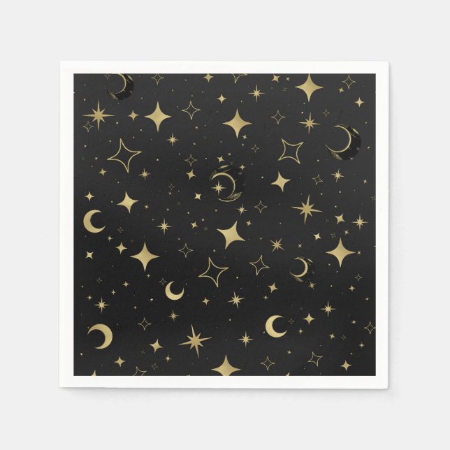 Black & Gold Modern Celestial Moon Stars Wedding Napkin (Front)