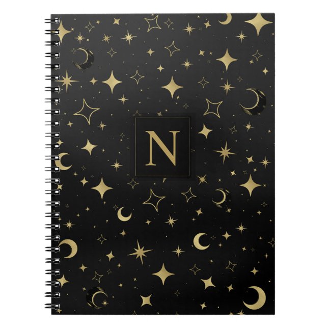 Black & Gold Modern Celestial Moon Stars Wedding Notebook (Front)
