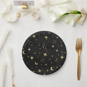 Black & Gold Modern Celestial Moon Stars Wedding Paper Plate