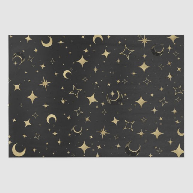 Black & Gold Modern Celestial Moon Stars Wedding Tissue Paper (Front)