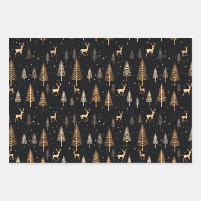 Black Gold Modern Christmas Wrapping Paper Deer (Front)