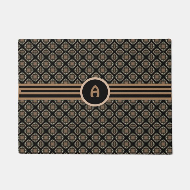 Black & Gold Modern Classic Monogram Pattern Doormat (Front)