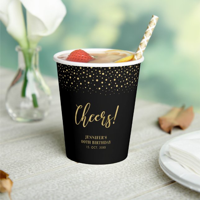 Black & Gold Modern Confetti Adult Birthday Party Paper Cups (Insitu)