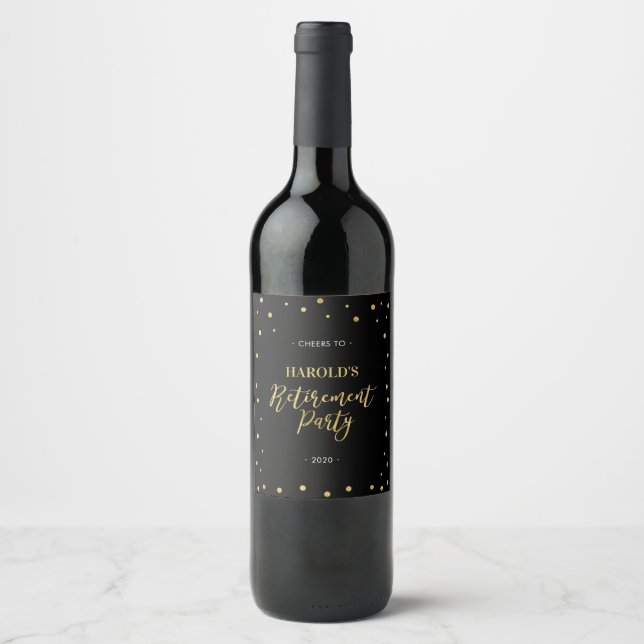 Black & Gold | Modern Confetti Retirement Party Wine Label (Front)