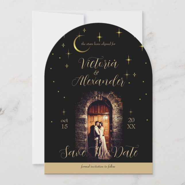 Black & Gold Modern Dark Romance Celestial Photo Save The Date (Front)