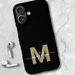 Black Gold Modern Feminine Script Name Monogram iPhone 16 Case<br><div class="desc">Personalised Gold and Black Script Initial Monogram Phone Case. Add a touch of luxury and elegance to your phone with this personalised phone case. Featuring a sleek black background, a bold gold initial (note: the gold is a flat colour with no shimmer), and a flowing white script name, this design...</div>