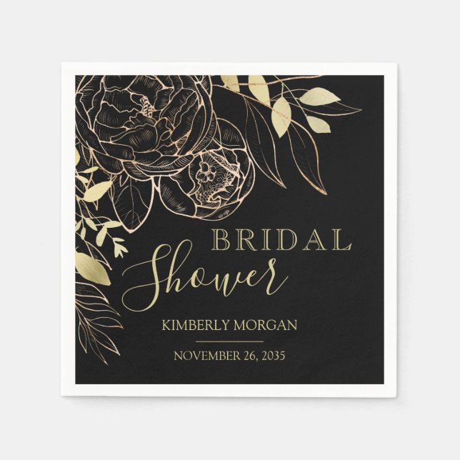 Black & Gold Modern Floral Bridal Shower Napkin (Front)