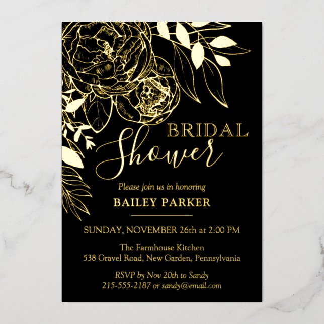 Black & Gold Modern Floral Peony Bridal Shower (Front)