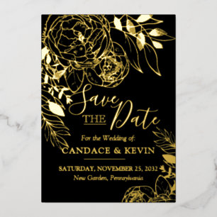 Black & Gold Modern Floral Peony Save the Date
