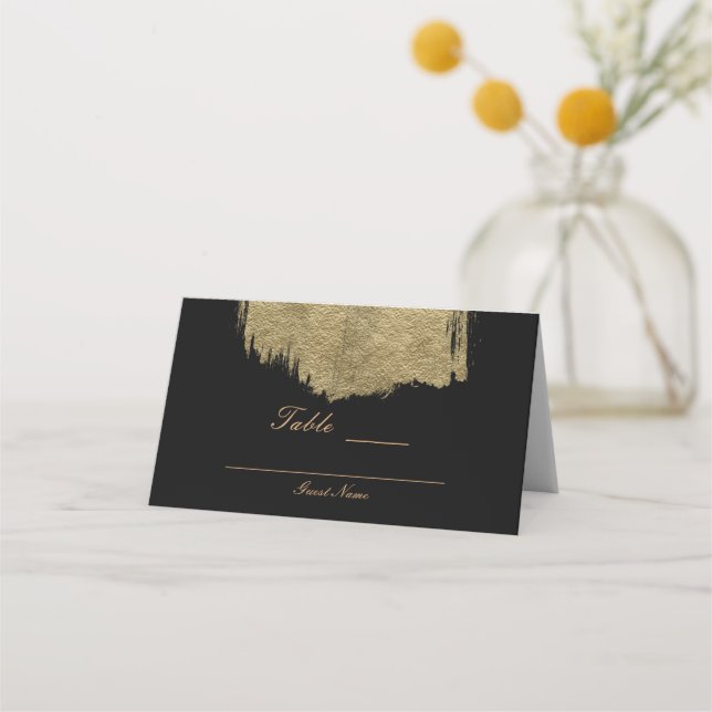 Black & Gold Modern Glamour Brush Table Number Place Card (Back)
