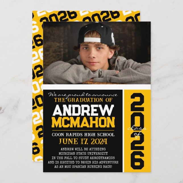 Black & Gold Modern Graduation Photo Announcement (Front/Back)