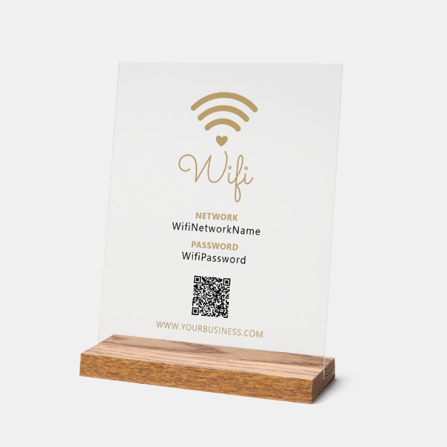Black & Gold Modern Heart Business Wifi Password Acrylic Sign (Angle)