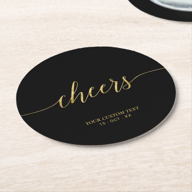 Black & Gold Modern Lettering Cheers Party Round Paper Coaster (Angled)