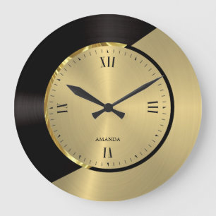 Black & Gold Modern Metallic Geometric design Large Clock