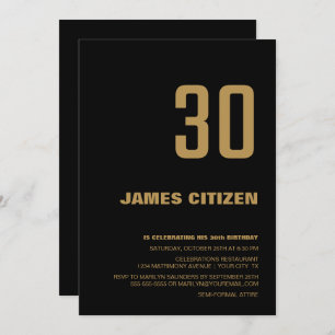Black Gold Modern Minimalist 30th Birthday Party Invitation