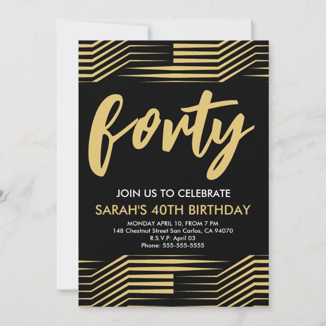 Black Gold Modern Minimalist 40th Birthday Party  Invitation (Front)