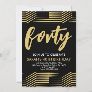 Black Gold Modern Minimalist 40th Birthday Party  Invitation
