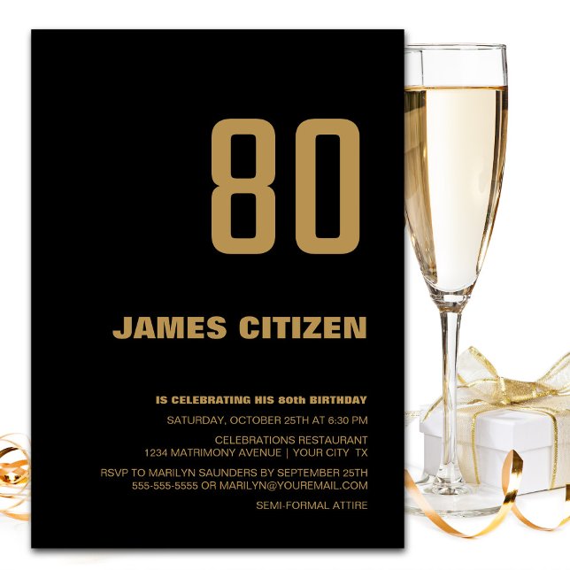 Black Gold Modern Minimalist 80th Birthday Party Invitation (Creator Uploaded)