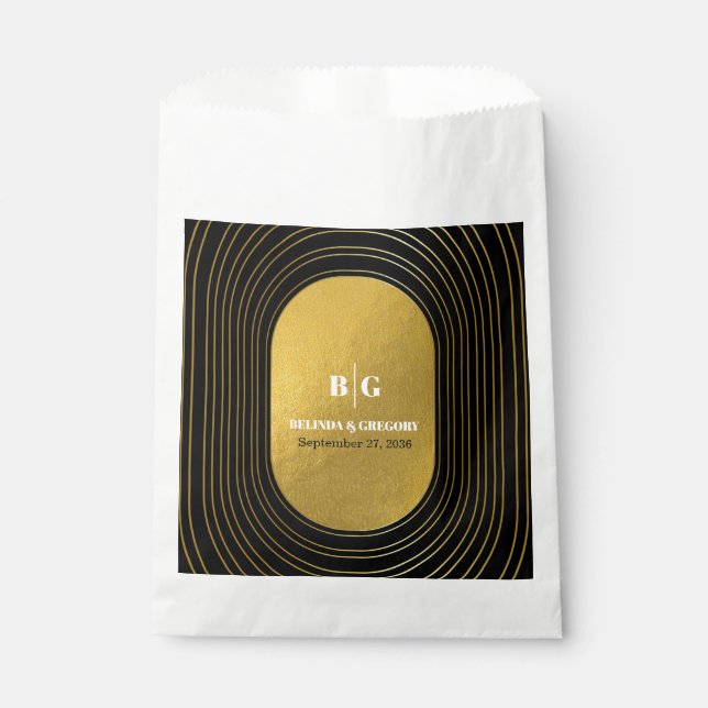 Black & Gold Modern Minimalist Arch Wedding  Favour Bag (Front)