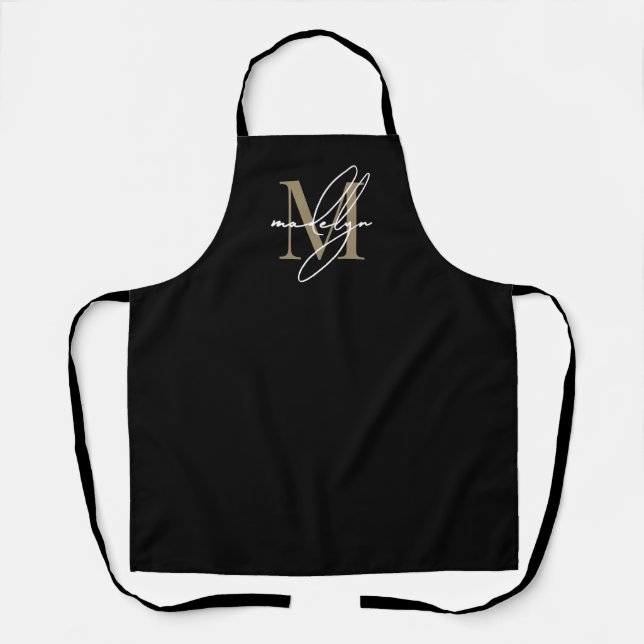 Black Gold Modern Minimalist Elegant Monogram Apron (Front)