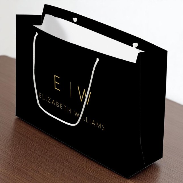 Black Gold Modern Minimalist Monogram Name Large Gift Bag (Creator Uploaded)