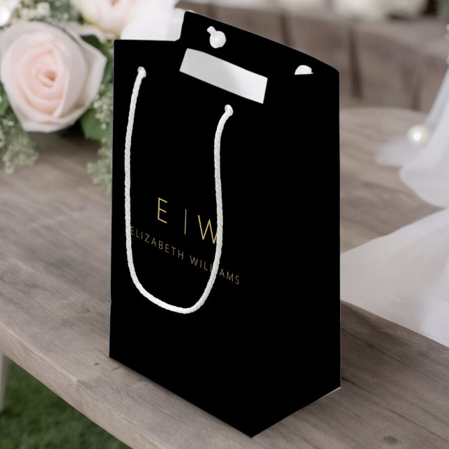 Black Gold Modern Minimalist Monogram Name Small Gift Bag (Creator Uploaded)