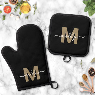 Black Gold Modern Name Monogram Oven Mitt & Pot Holder Set