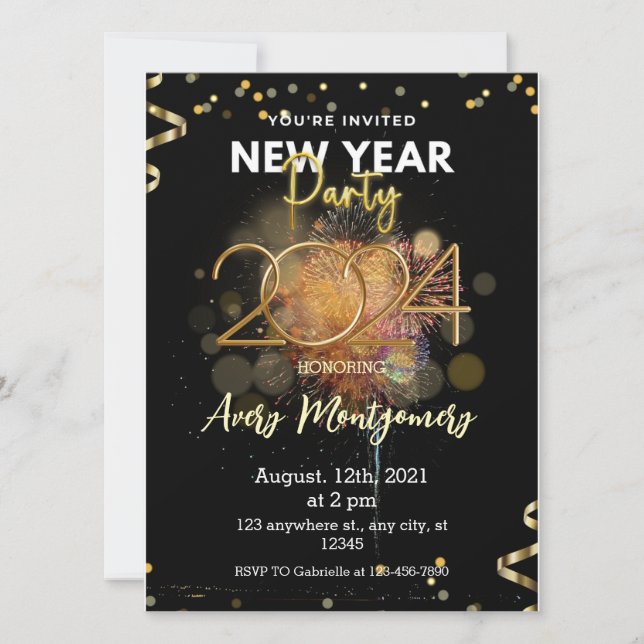 Black Gold Modern New Year Party Invitation (Front)
