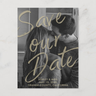 BLACK GOLD MODERN Photo Script Save Our Date Announcement Postcard