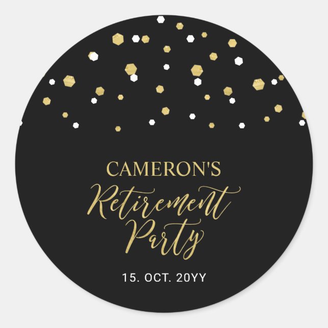 Black & Gold | Modern Retirement Party Favour  Classic Round Sticker (Front)