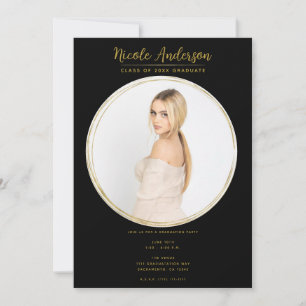Black & Gold Modern Round Photo Graduation Party Invitation