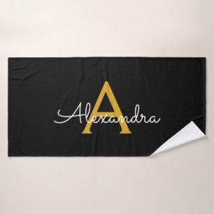 Black Gold Modern Script Girly Monogram Name Bath Towel