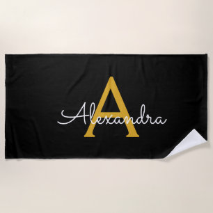 Black Gold Modern Script Girly Monogram Name Beach Towel