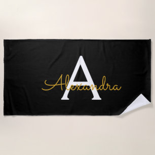 Black Gold Modern Script Girly Monogram Name Beach Towel