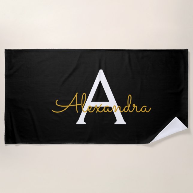 Black Gold Modern Script Girly Monogram Name Beach Towel (Front)