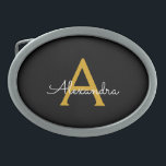Black Gold Modern Script Girly Monogram Name Belt Buckle<br><div class="desc">Black and Gold Simple Script Monogram Name Belt Buckle. This makes the perfect graduation,  sweet 16 16th,  18th,  21st,  30th,  40th,  50th,  60th,  70th,  80th,  90th,  100th birthday,  wedding,  bridal shower,  anniversary,  baby shower or bachelorette party gift for someone that loves glam luxury and chic styles.</div>