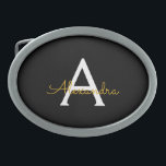 Black Gold Modern Script Girly Monogram Name Belt Buckle<br><div class="desc">Black and Gold Simple Script Monogram Name Belt Buckle. This makes the perfect graduation,  sweet 16 16th,  18th,  21st,  30th,  40th,  50th,  60th,  70th,  80th,  90th,  100th birthday,  wedding,  bridal shower,  anniversary,  baby shower or bachelorette party gift for someone that loves glam luxury and chic styles.</div>