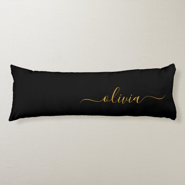 Black Gold Modern Script Girly Monogram Name Body Cushion (Front)