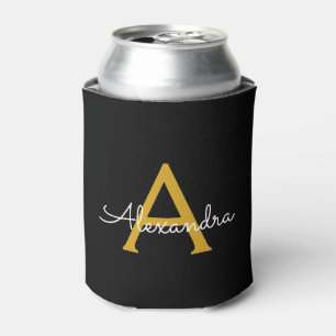 Black Gold Modern Script Girly Monogram Name Can Cooler