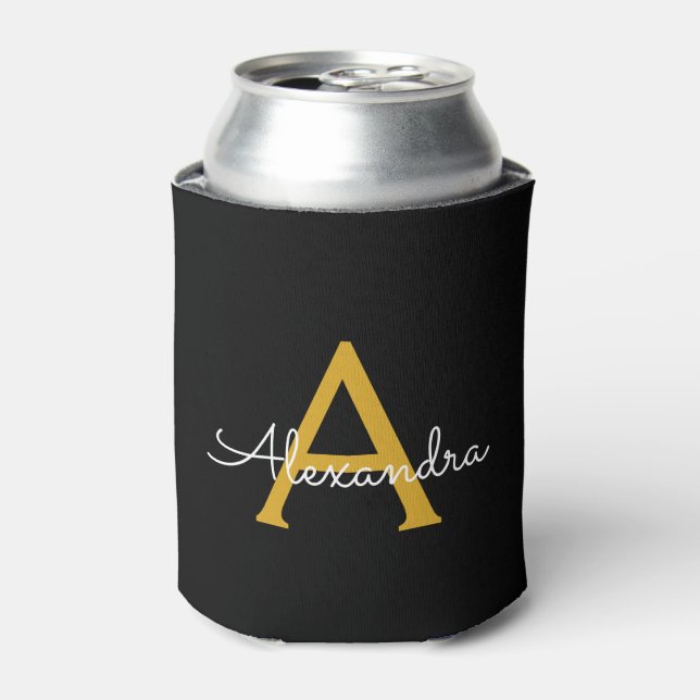 Black Gold Modern Script Girly Monogram Name Can Cooler (Can Front)