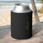 Black Gold Modern Script Girly Monogram Name Can Cooler<br><div class="desc">Black and Gold Simple Script Elegant Birthday or Bachelorette Party Can Coolers. These Wedding,  Bridal Shower or Birthday Party Can Coolers can be customised to include your first name. Please contact the designer for customised matching items.</div>